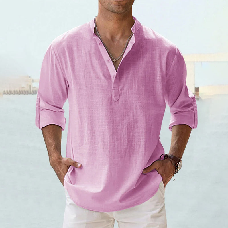 Men's Slim Fit Long-Sleeve Linen Shirt with Henley Collar, Breathable Cotton-Linen Blend