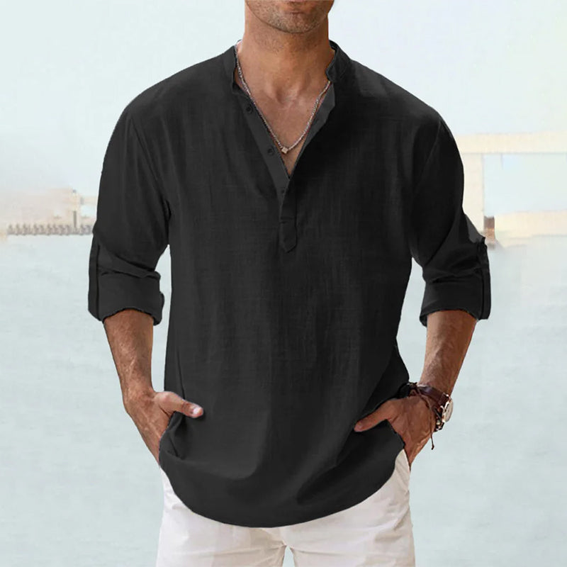 Men's Slim Fit Long-Sleeve Linen Shirt with Henley Collar, Breathable Cotton-Linen Blend