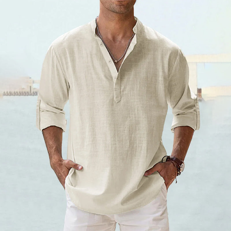 Men's Slim Fit Long-Sleeve Linen Shirt with Henley Collar, Breathable Cotton-Linen Blend