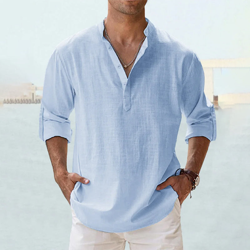 Men's Slim Fit Long-Sleeve Linen Shirt with Henley Collar, Breathable Cotton-Linen Blend