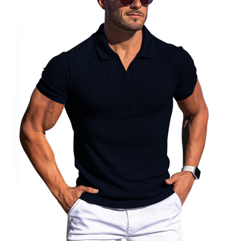 Men's Short-Sleeve Polo Shirt with Striped and Solid Design for Casual and Business Wear