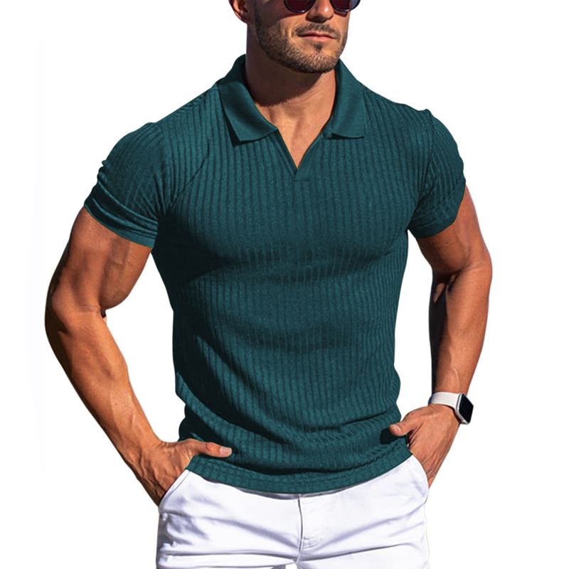Men's Short-Sleeve Polo Shirt with Striped and Solid Design for Casual and Business Wear