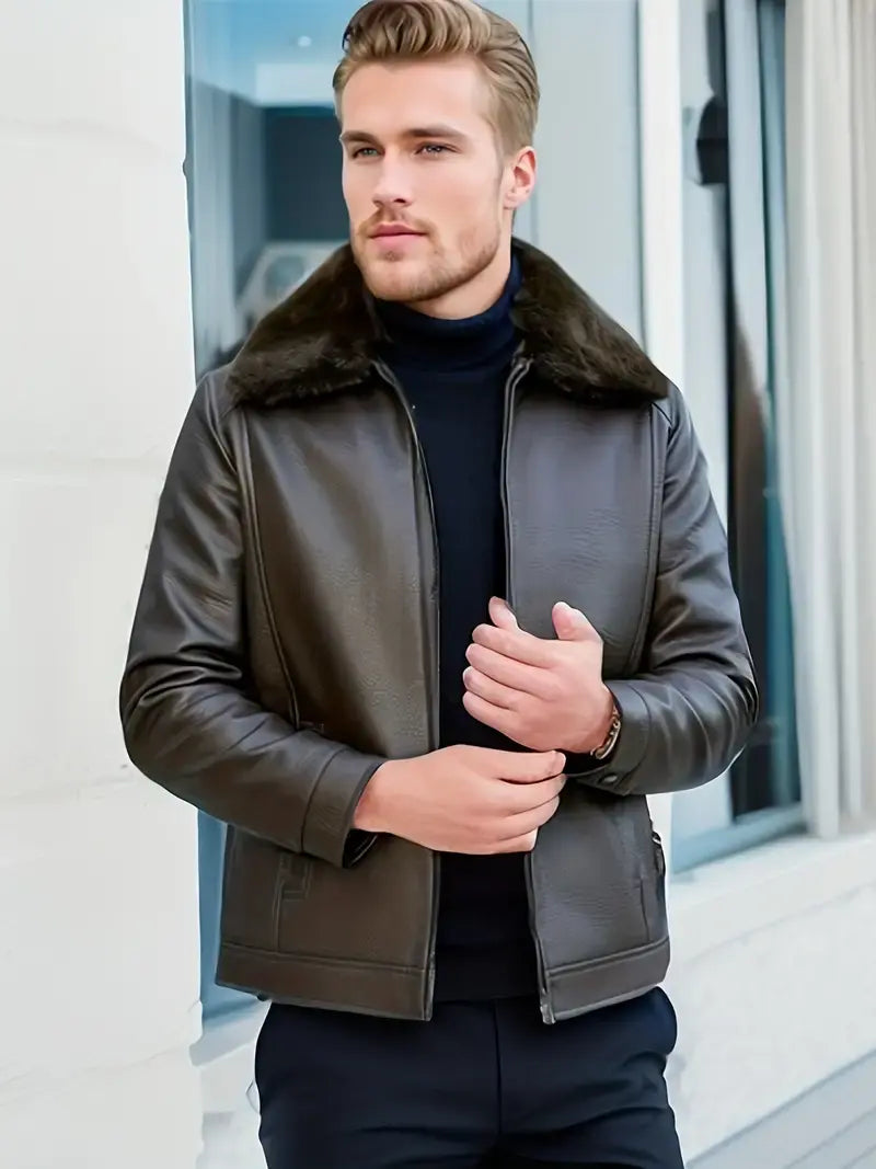 Men's biker leather jacket - with fur collar