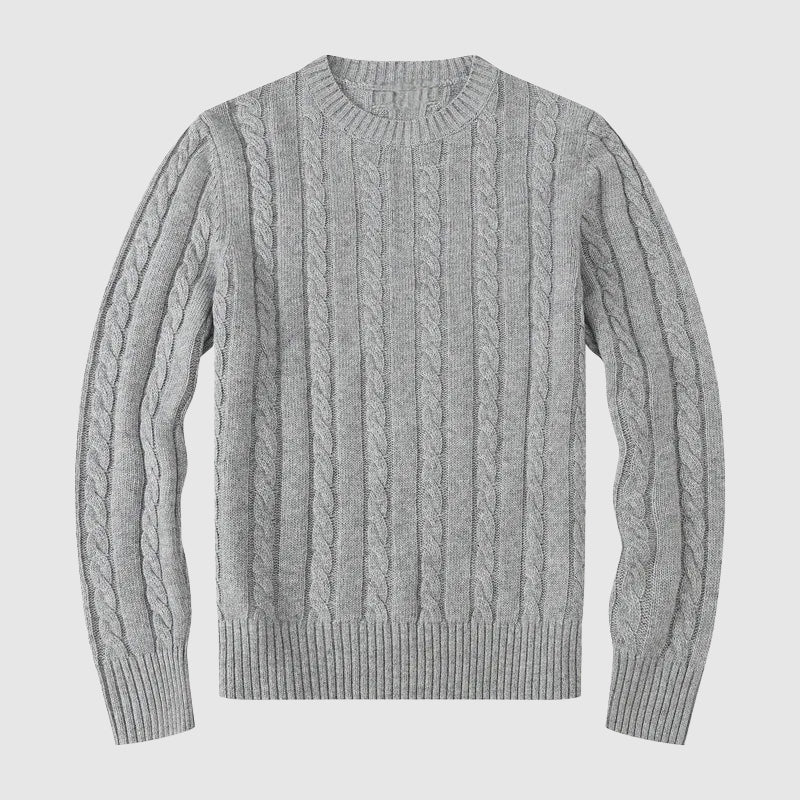 Men's Cable Knit Cotton Blend Crew Neck Sweater with Ribbed Cuffs