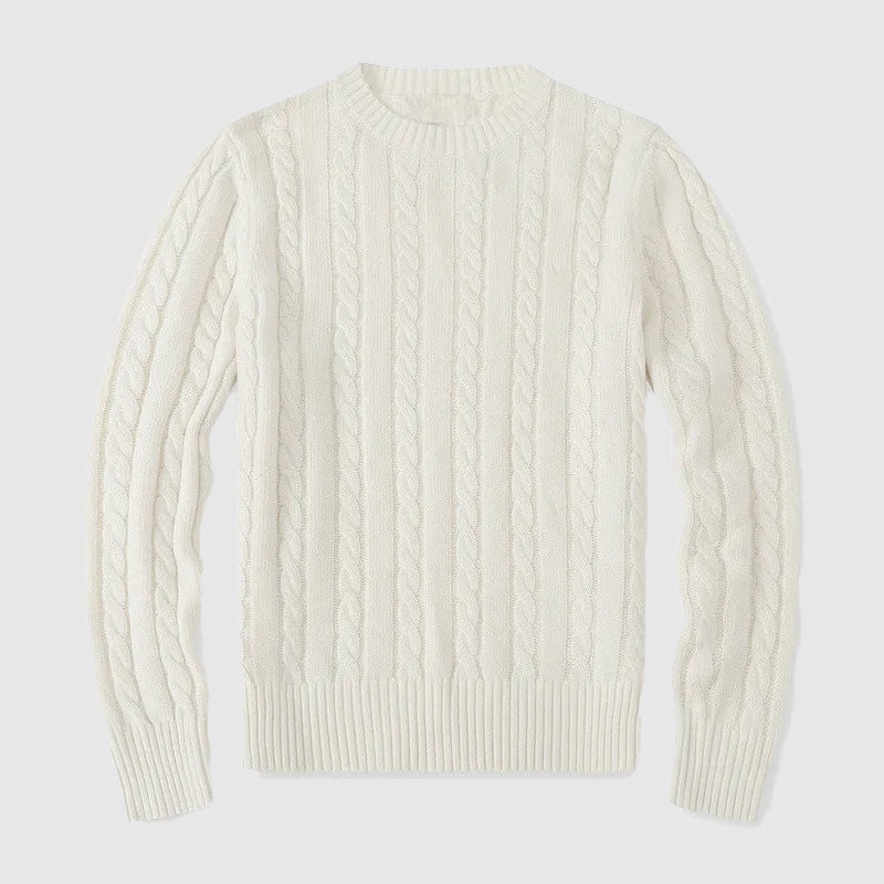 Men's Cable Knit Cotton Blend Crew Neck Sweater with Ribbed Cuffs