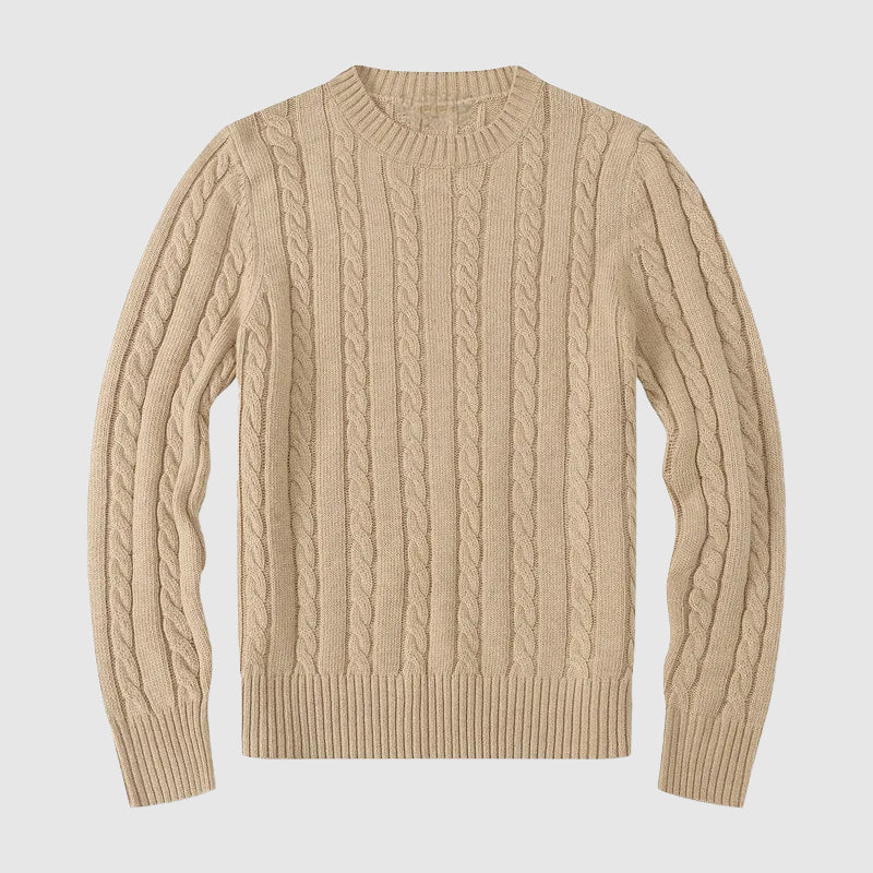 Men's Cable Knit Cotton Blend Crew Neck Sweater with Ribbed Cuffs