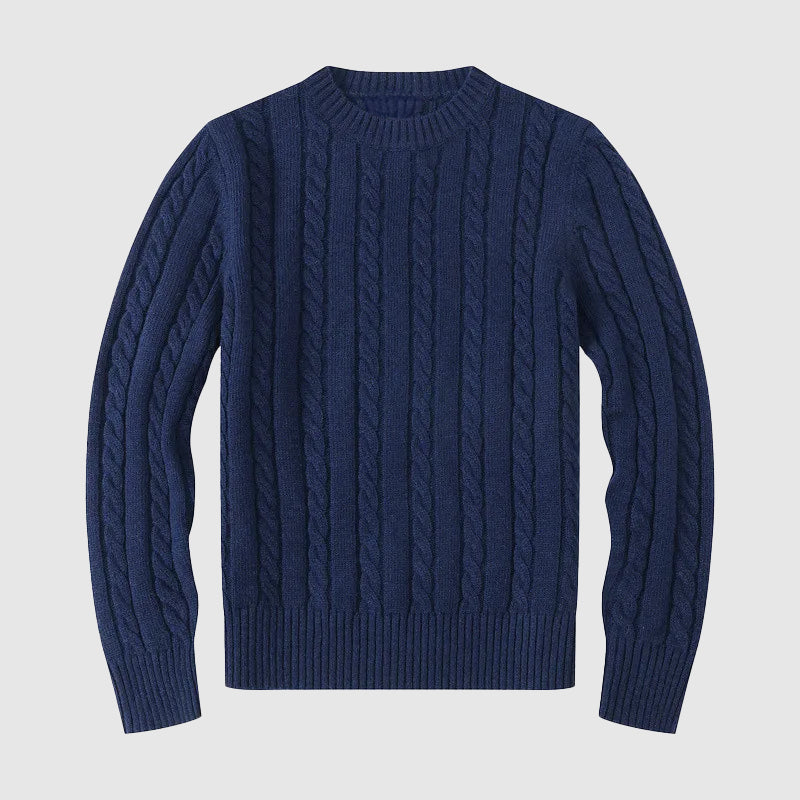 Men's Cable Knit Cotton Blend Crew Neck Sweater with Ribbed Cuffs