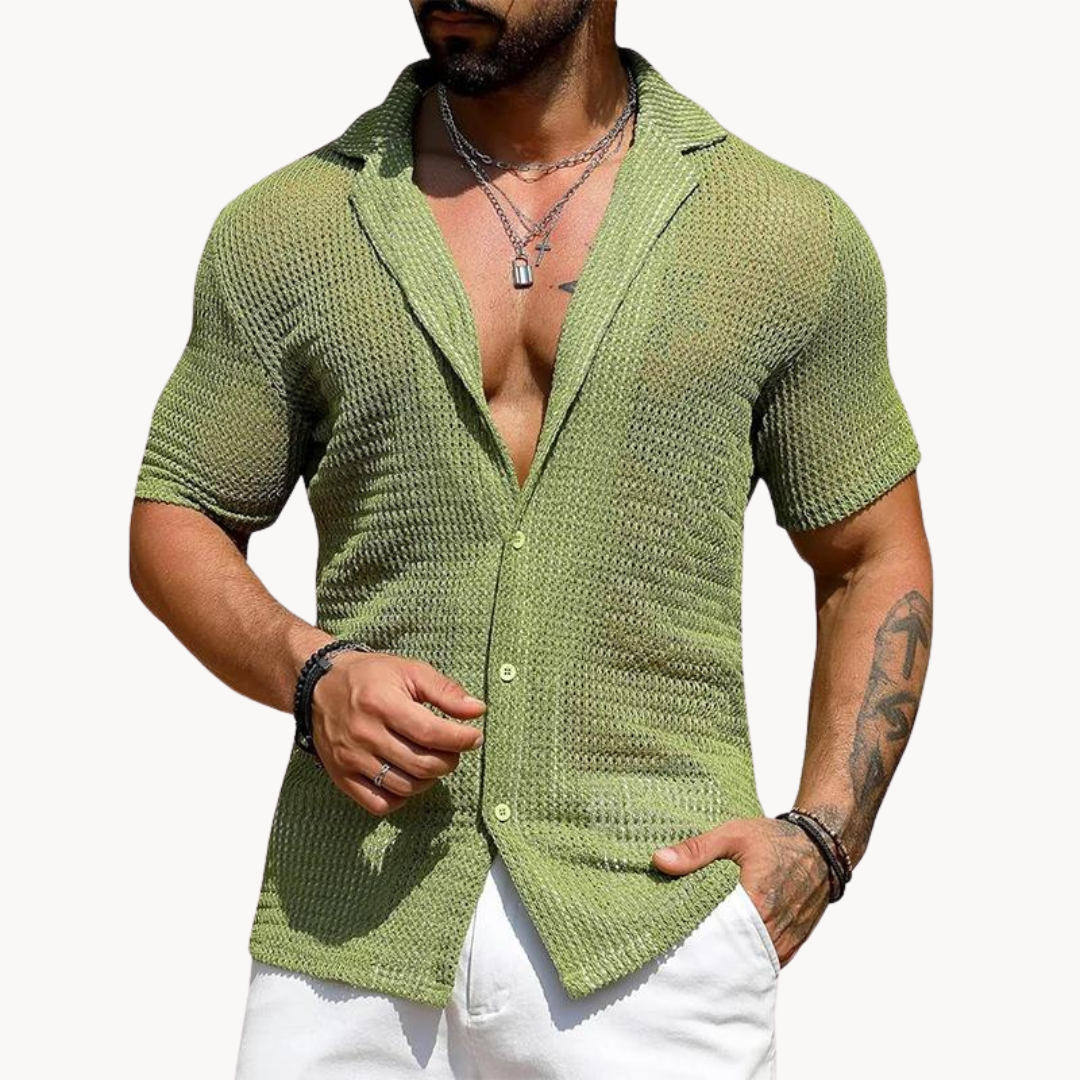 Men's Breathable Hollow Knit Short Sleeve Shirt for Warm Weather