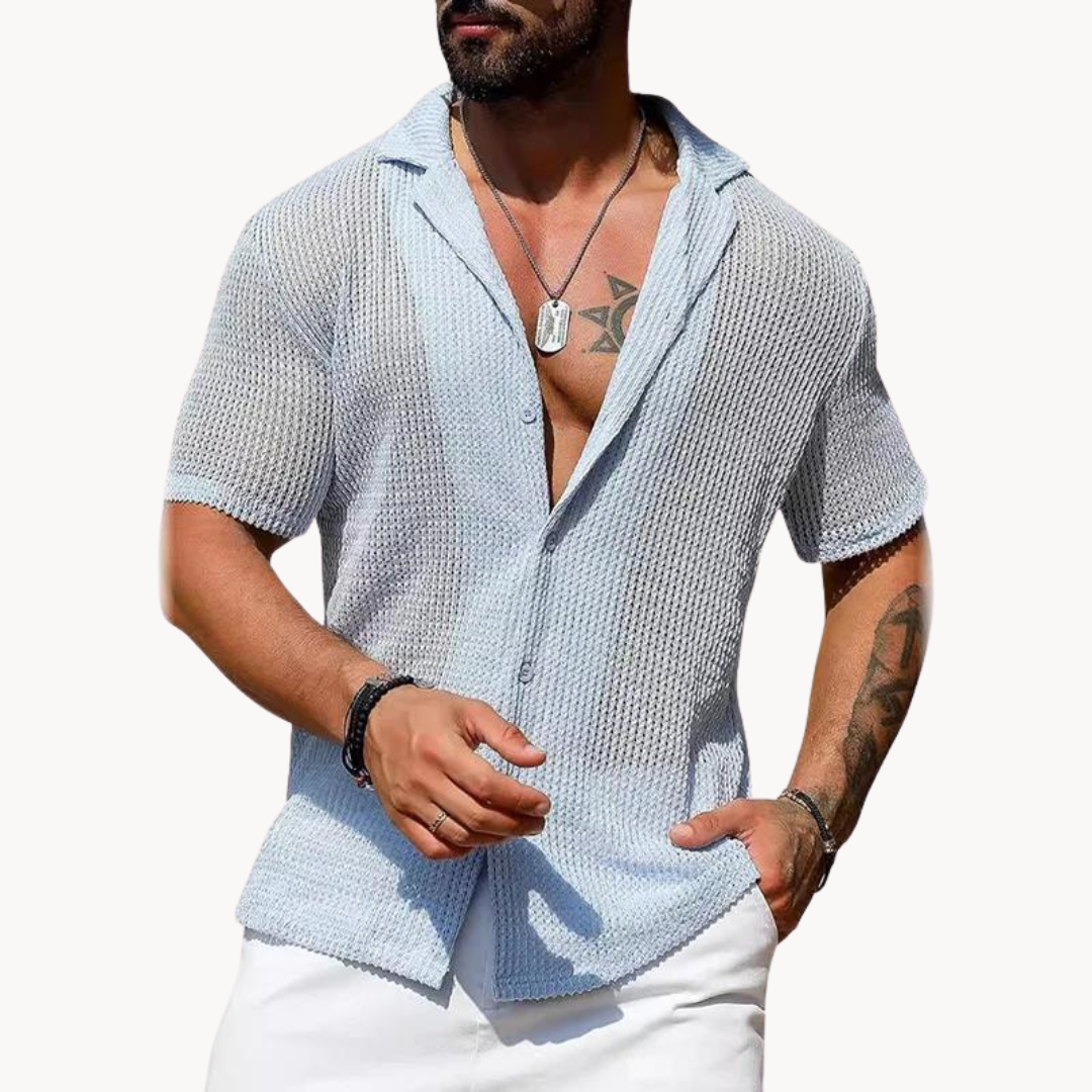 Men's Breathable Hollow Knit Short Sleeve Shirt for Warm Weather