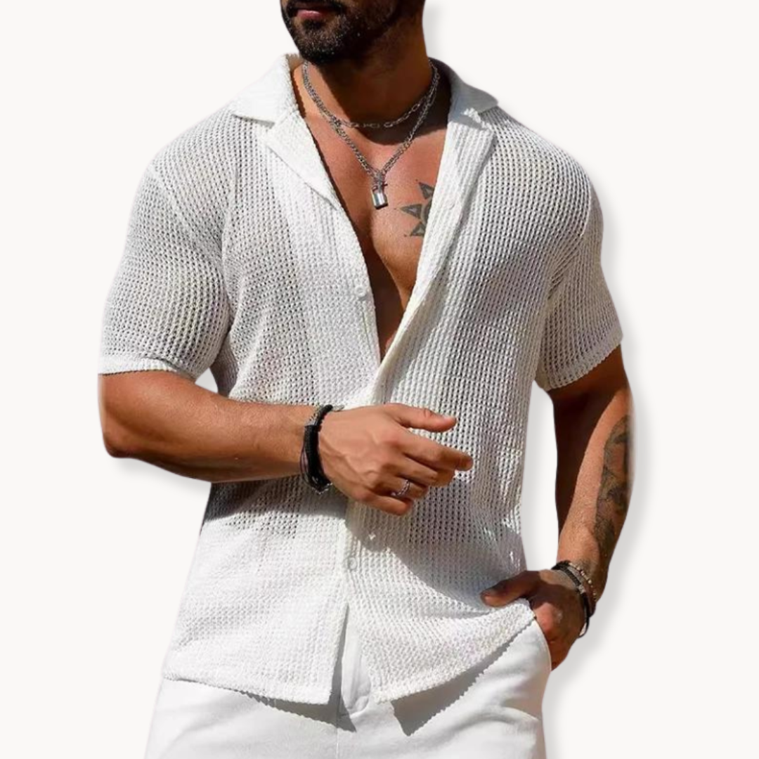 Men's Breathable Hollow Knit Short Sleeve Shirt for Warm Weather