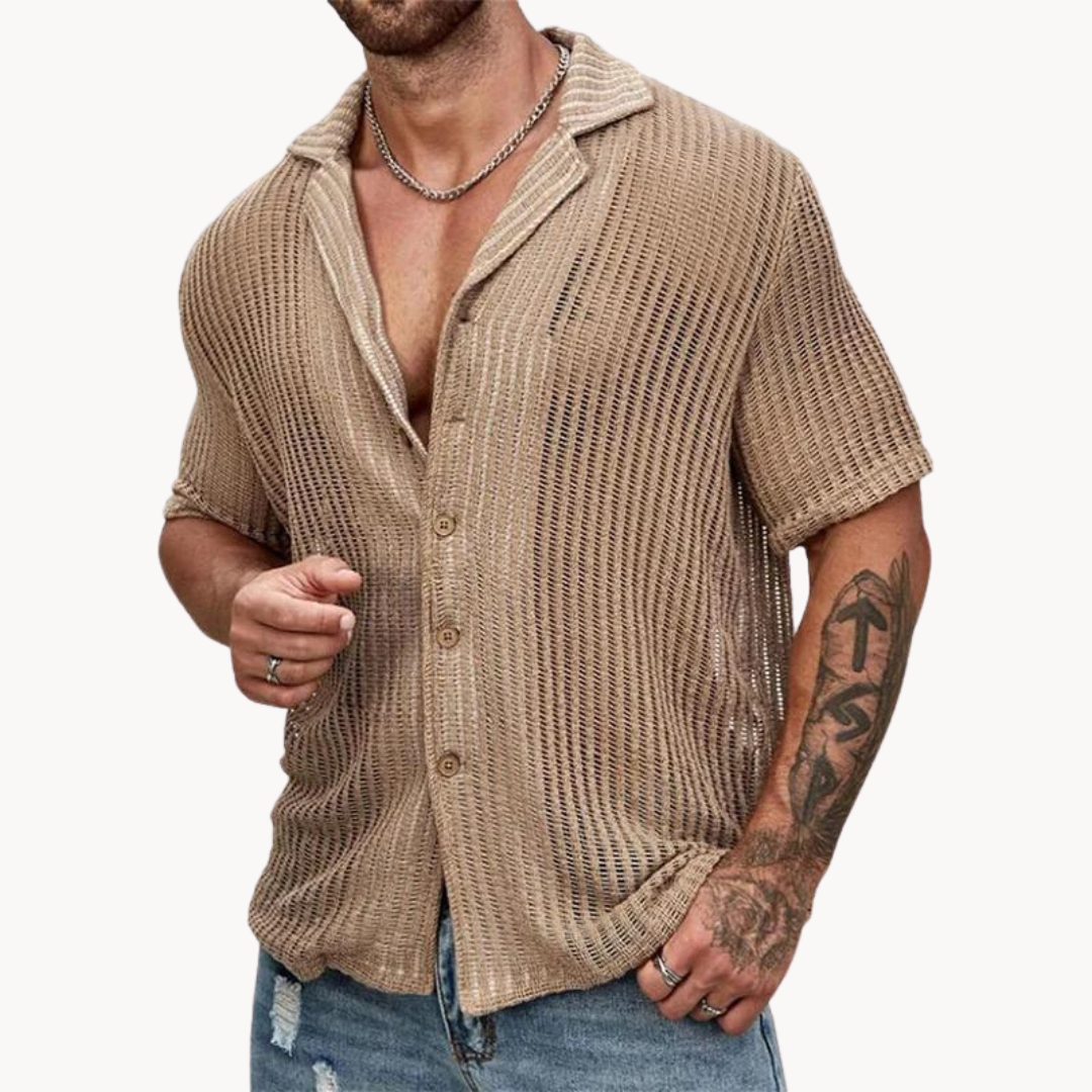 Men's Breathable Hollow Knit Short Sleeve Shirt for Warm Weather