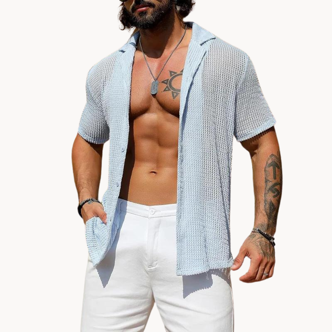 Men's Breathable Hollow Knit Short Sleeve Shirt for Warm Weather