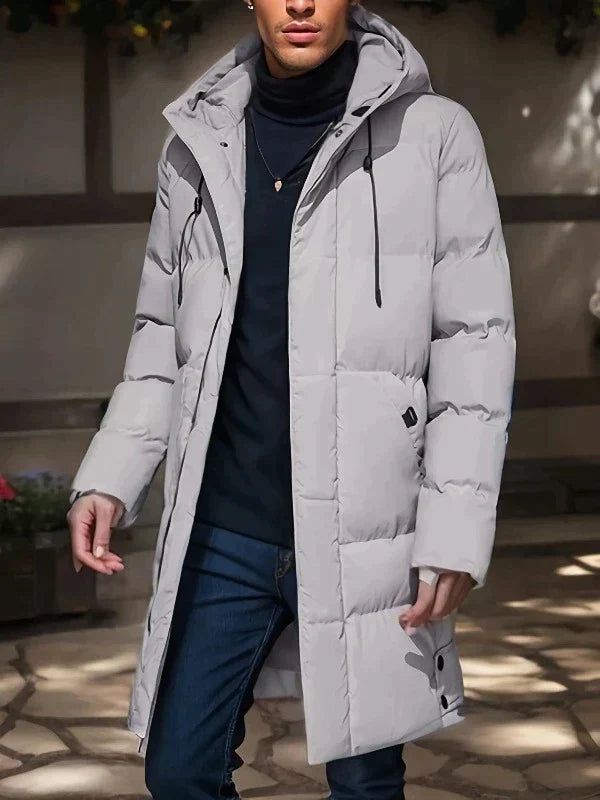 Men's hooded longline puffer jacket –with side pockets