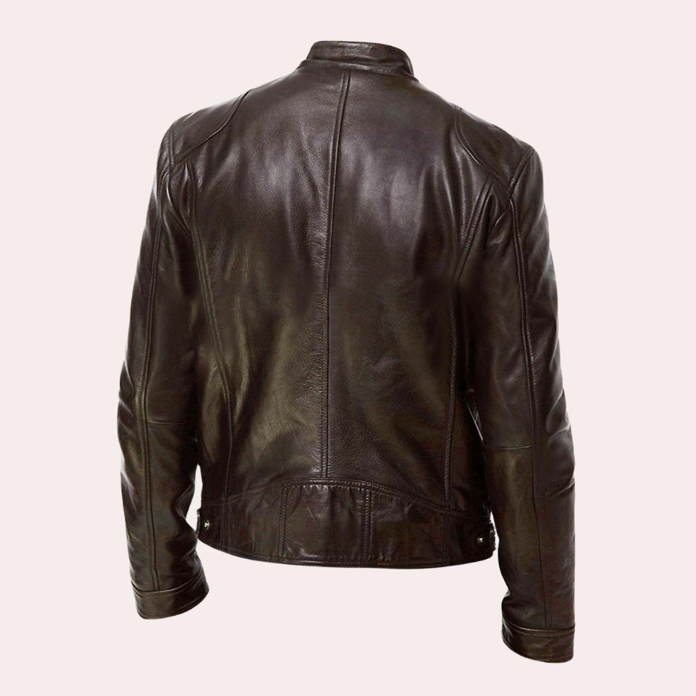 Men's leather biker jacket with stand-up collar