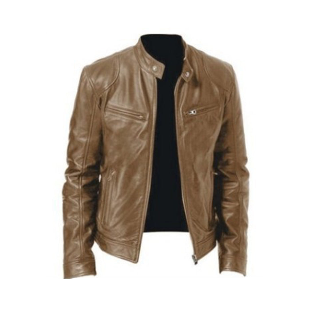 Men's leather biker jacket with stand-up collar