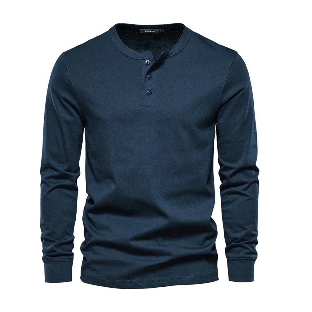 Men's Cotton Blend Henley Long Sleeve Shirt with Button Neck for Casual Wear
