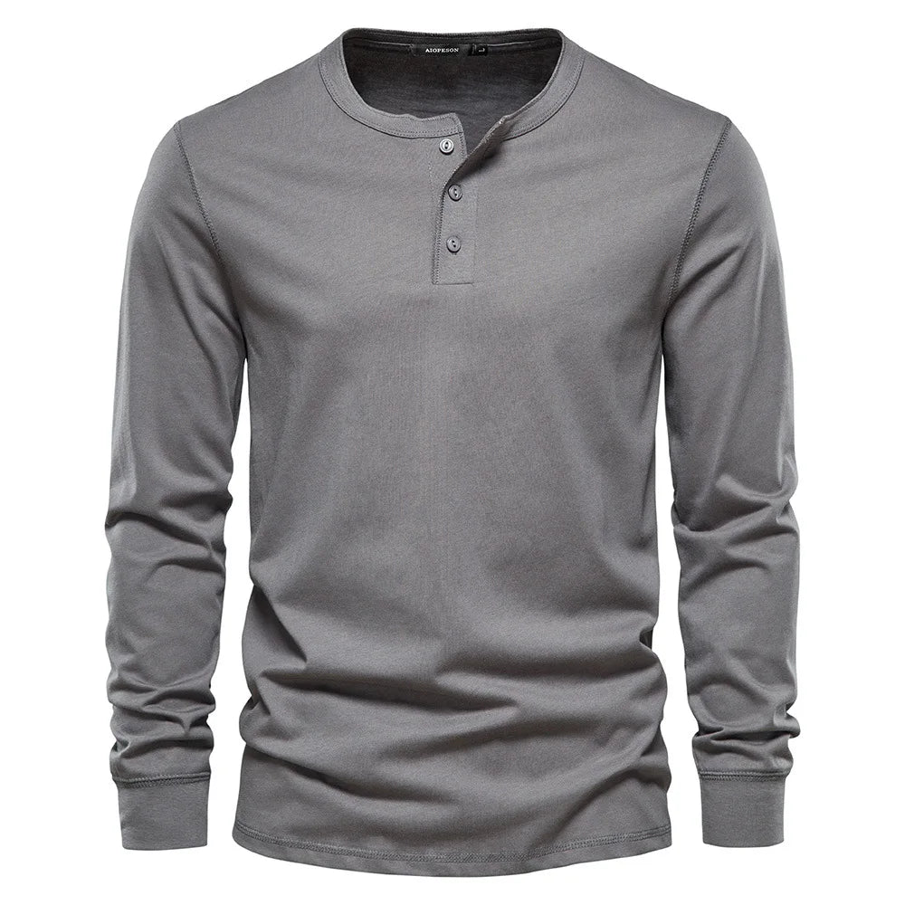 Men's Cotton Blend Henley Long Sleeve Shirt with Button Neck for Casual Wear
