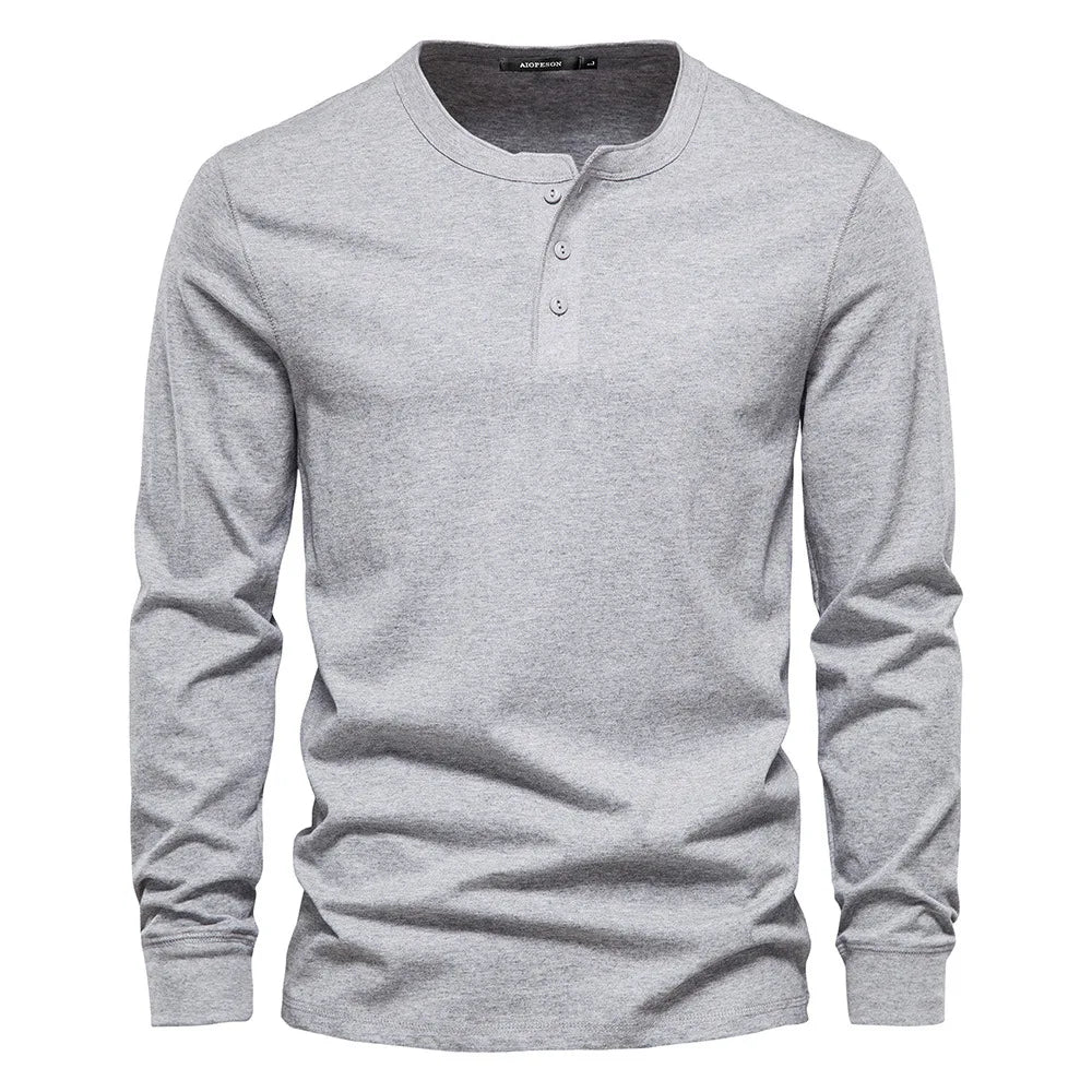 Men's Cotton Blend Henley Long Sleeve Shirt with Button Neck for Casual Wear