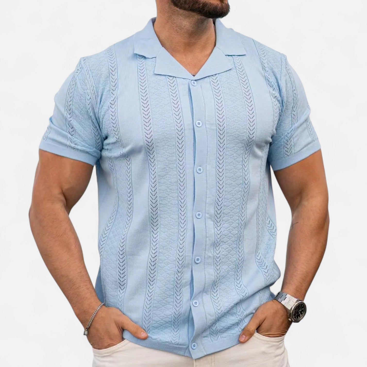 Men's Lightweight Breathable Knit Shirt with Patchwork Stripes and Flexible Fit