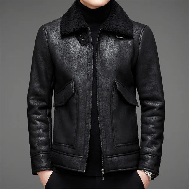 Men's winter jacket - vegan leather with fleece fur lining