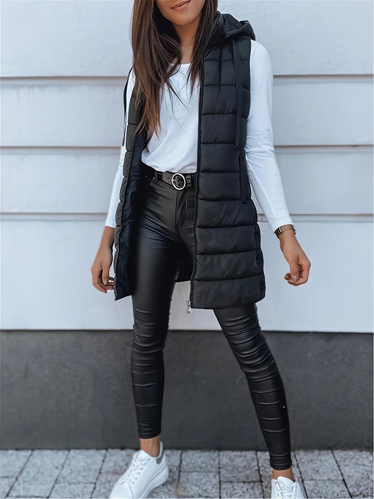 Oversized women’s quilted padded vest – long hooded bodywarmer for layered winter outfits
