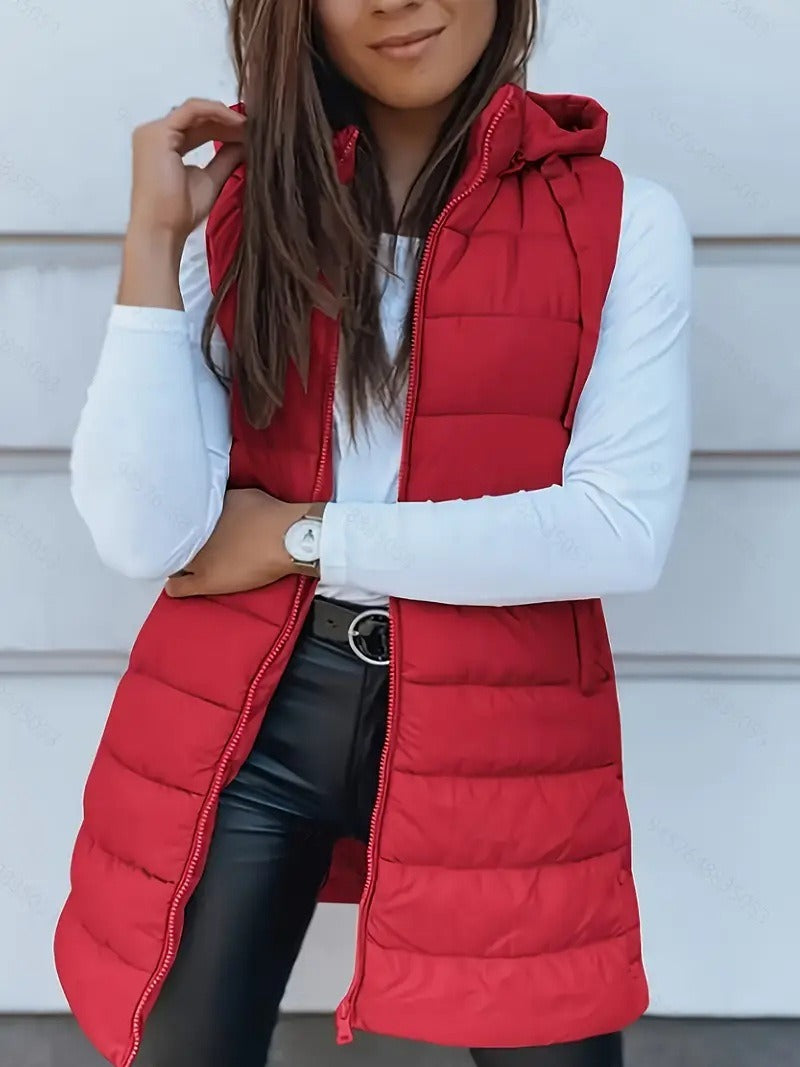 Oversized women’s quilted padded vest – long hooded bodywarmer for layered winter outfits