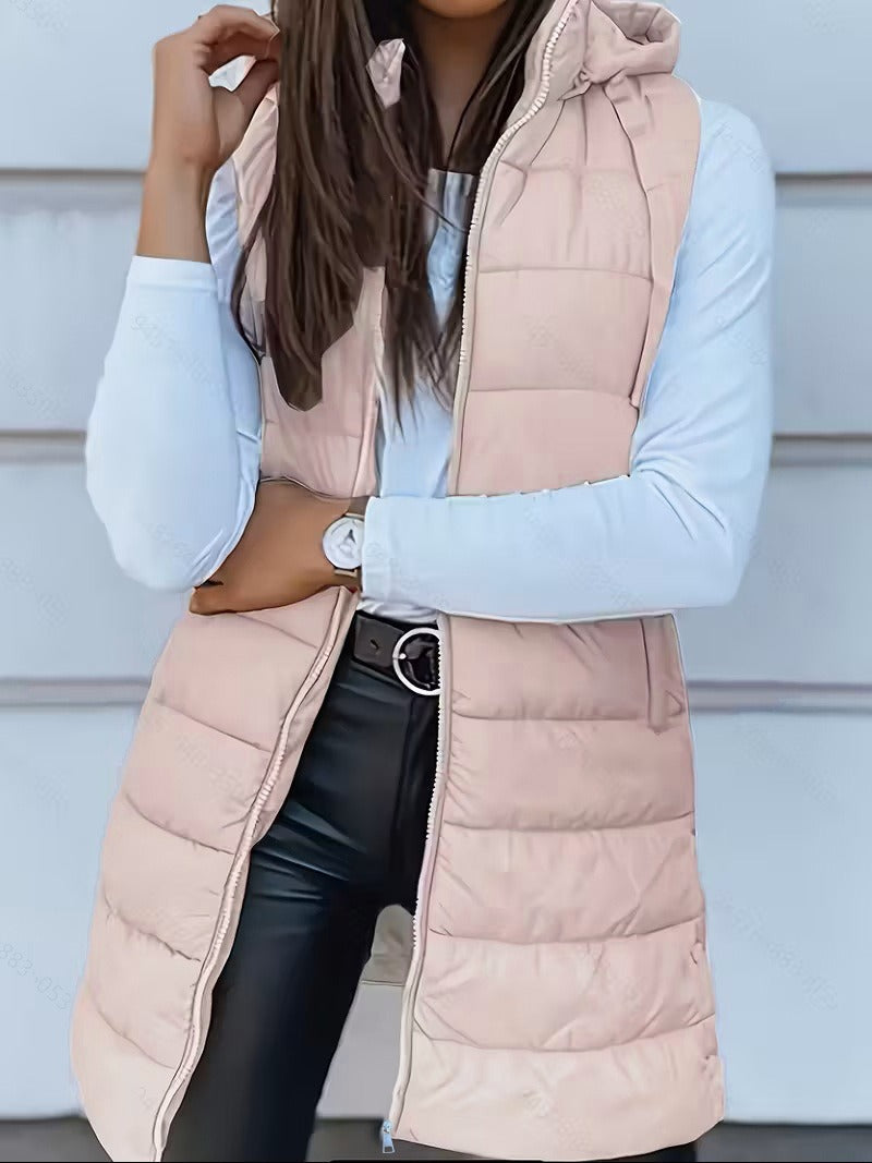 Oversized women’s quilted padded vest – long hooded bodywarmer for layered winter outfits
