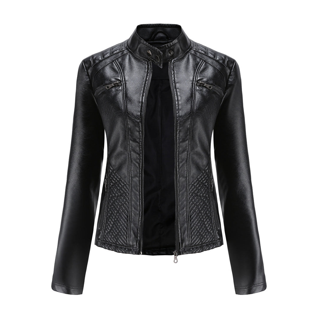 Women's biker style leather jacket - with ribbed details