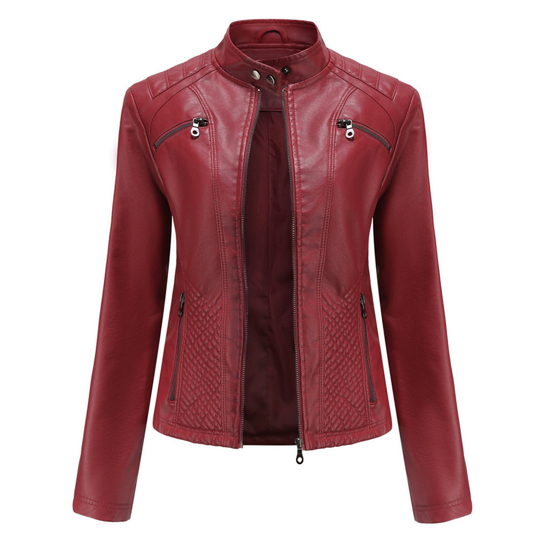 Women's biker style leather jacket - with ribbed details