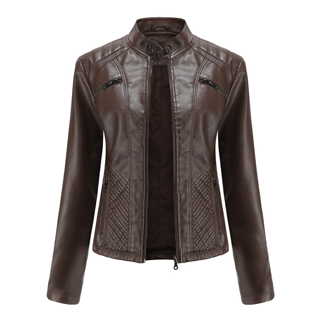 Women's biker style leather jacket - with ribbed details