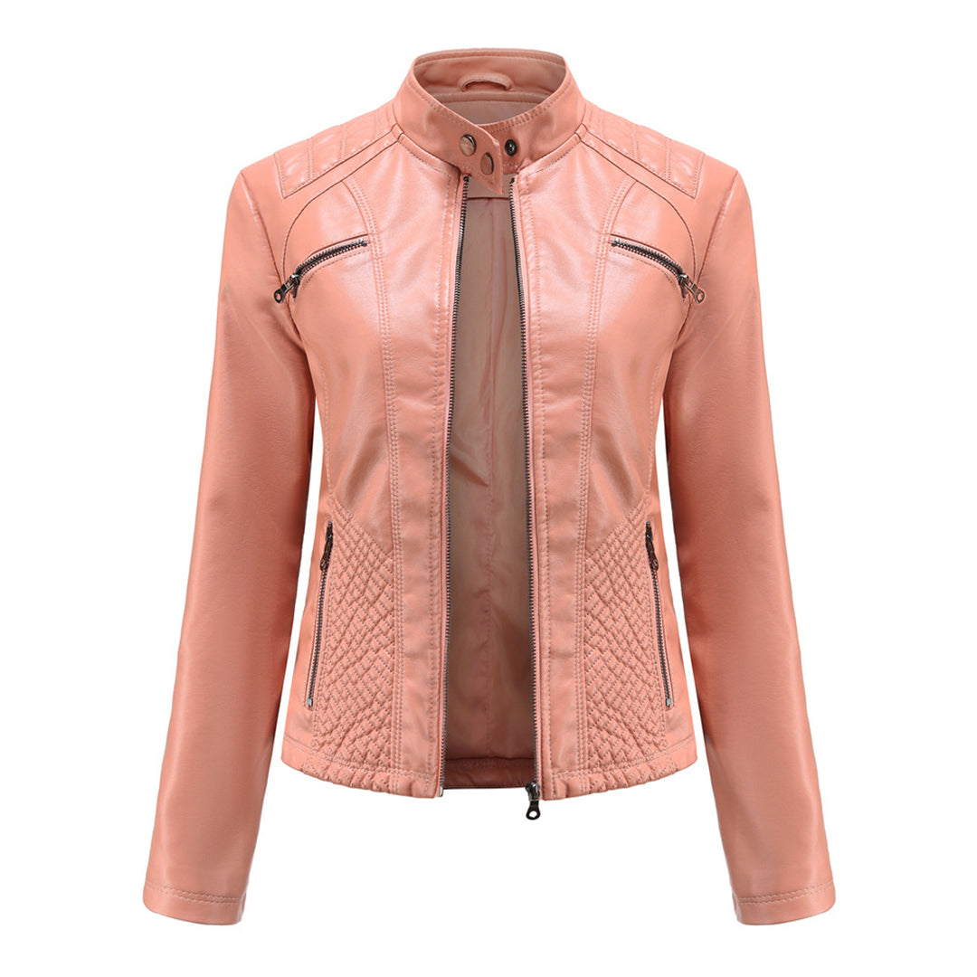 Women's biker style leather jacket - with ribbed details