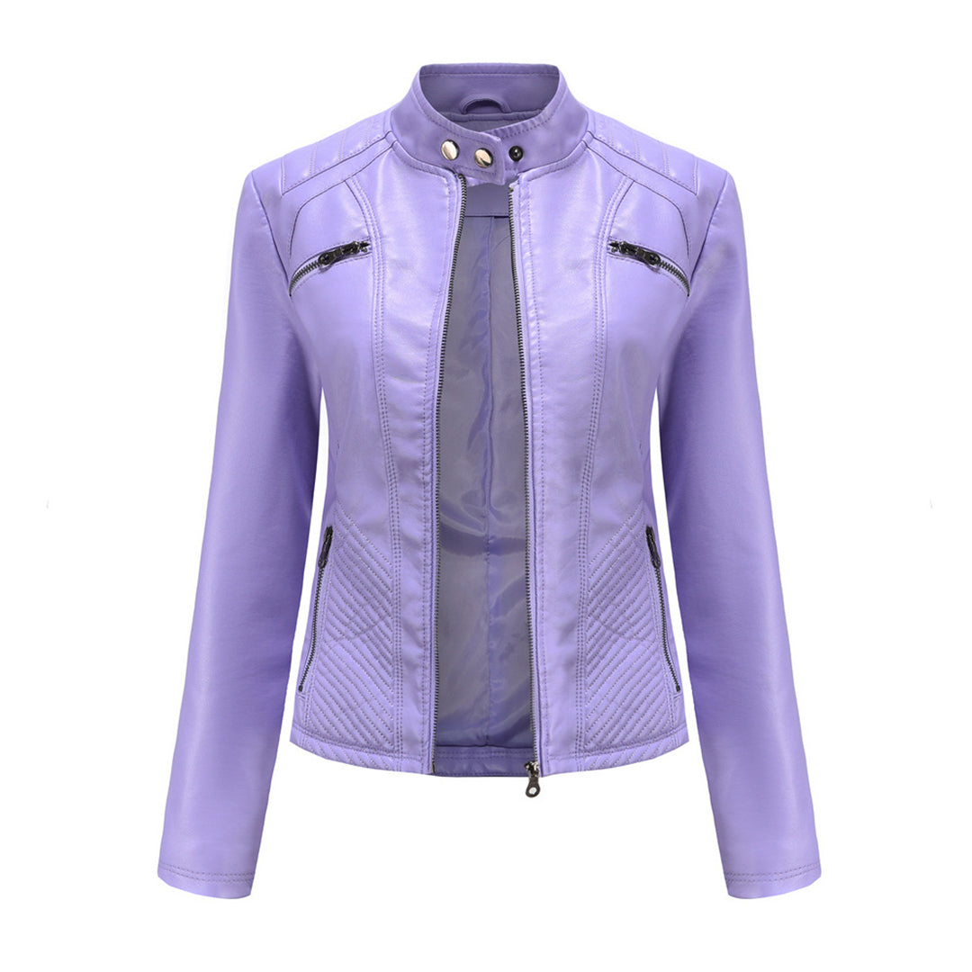 Women's biker style leather jacket - with ribbed details