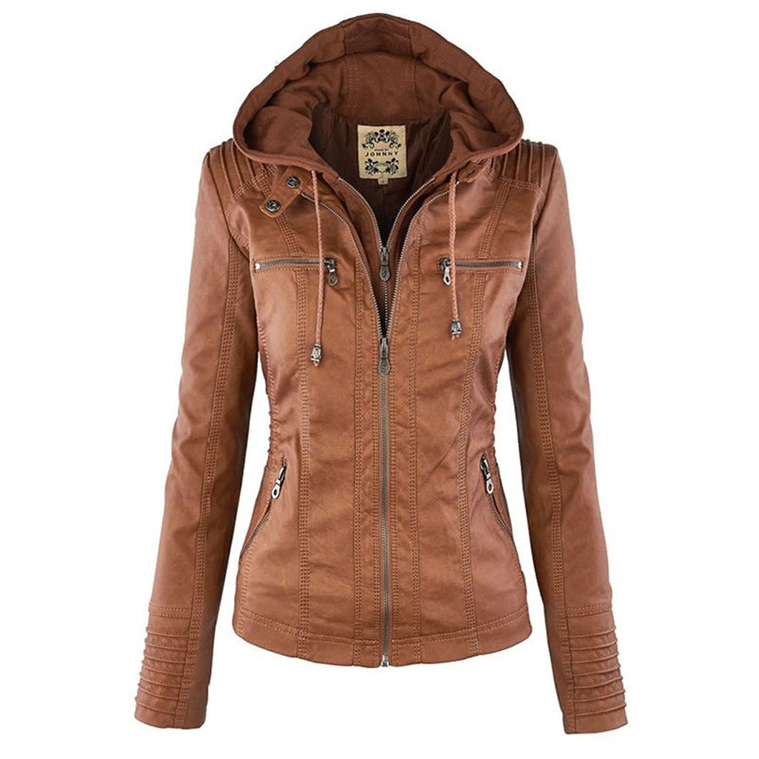 Women's leather jacket - slim fit with hood
