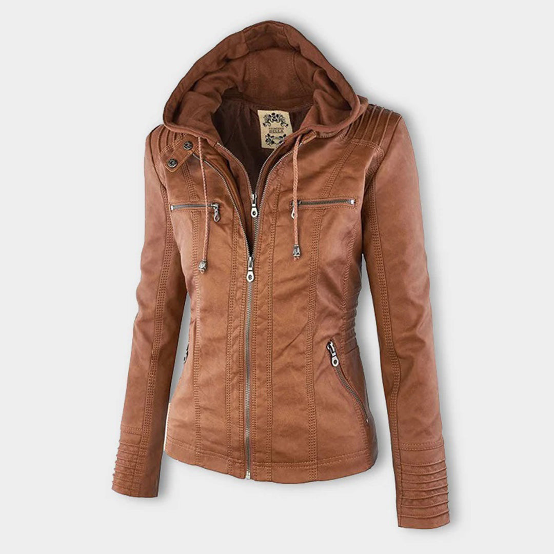 Women's leather jacket - slim fit with hood