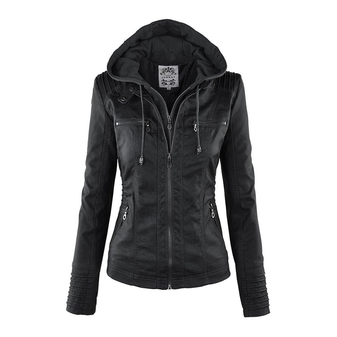 Women's leather jacket - slim fit with hood