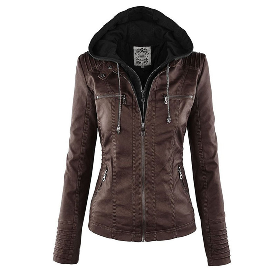 Women's leather jacket - slim fit with hood