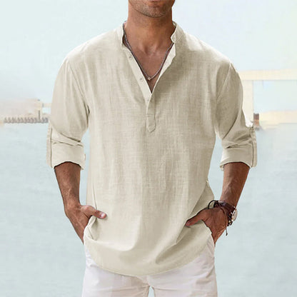 Men's Slim Fit Long-Sleeve Linen Shirt with Henley Collar, Breathable Cotton-Linen Blend