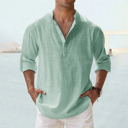 Men's Slim Fit Long-Sleeve Linen Shirt with Henley Collar, Breathable Cotton-Linen Blend