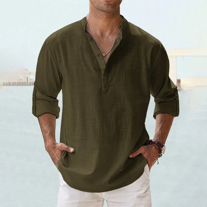 Men's Slim Fit Long-Sleeve Linen Shirt with Henley Collar, Breathable Cotton-Linen Blend