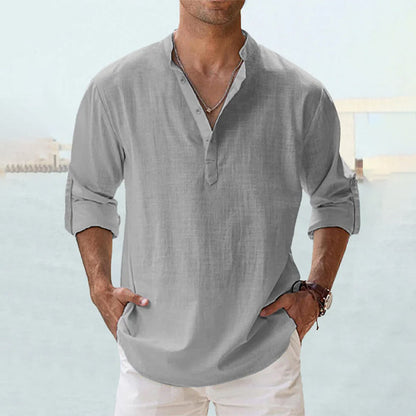 Men's Slim Fit Long-Sleeve Linen Shirt with Henley Collar, Breathable Cotton-Linen Blend