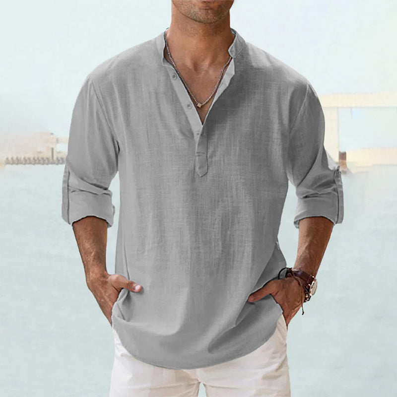 Men's Slim Fit Long-Sleeve Linen Shirt with Henley Collar, Breathable Cotton-Linen Blend
