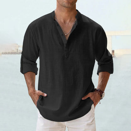 Men's Slim Fit Long-Sleeve Linen Shirt with Henley Collar, Breathable Cotton-Linen Blend