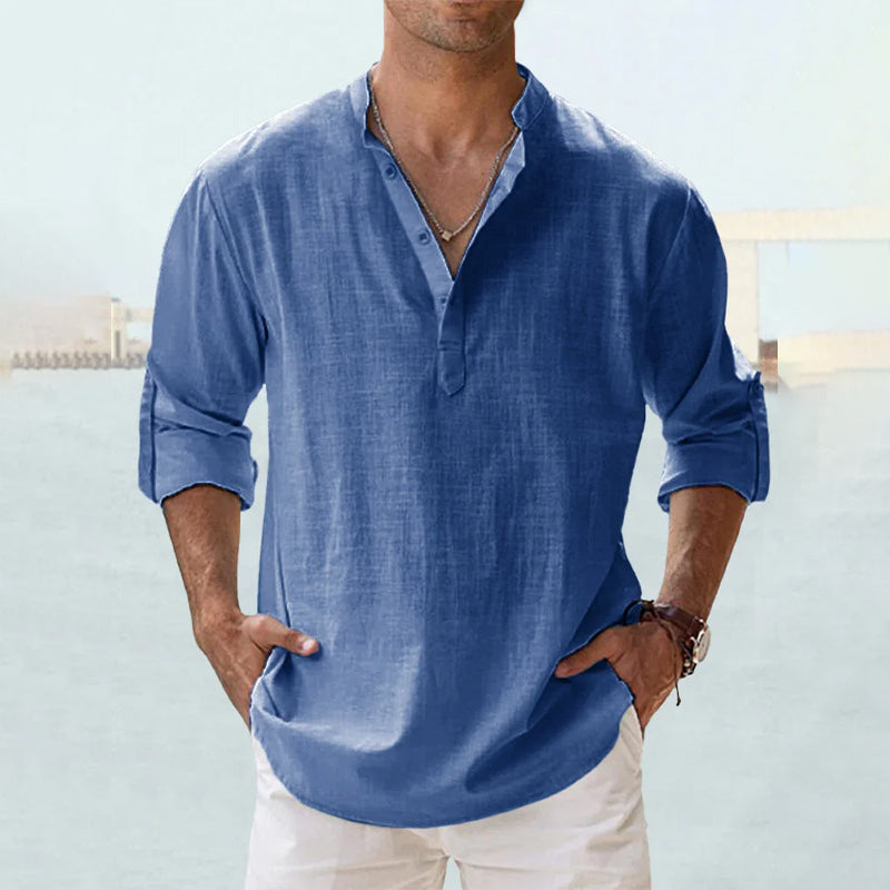 Men's Slim Fit Long-Sleeve Linen Shirt with Henley Collar, Breathable Cotton-Linen Blend