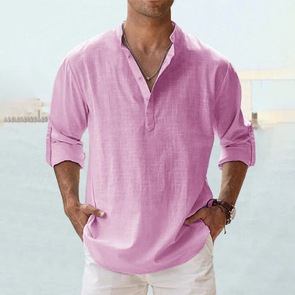 Men's Slim Fit Long-Sleeve Linen Shirt with Henley Collar, Breathable Cotton-Linen Blend