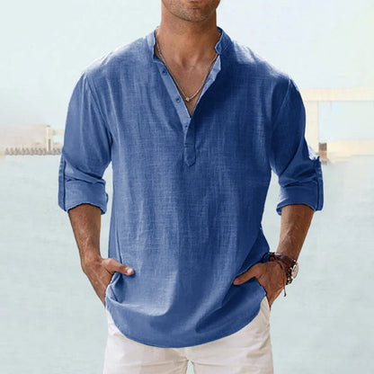 Men's Slim Fit Long-Sleeve Linen Shirt with Henley Collar, Breathable Cotton-Linen Blend