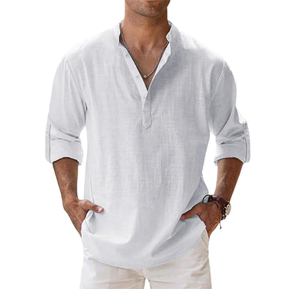 Men's Slim Fit Long-Sleeve Linen Shirt with Henley Collar, Breathable Cotton-Linen Blend