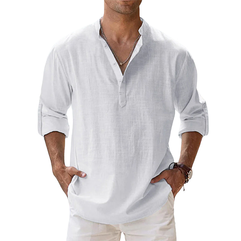 Men's Slim Fit Long-Sleeve Linen Shirt with Henley Collar, Breathable Cotton-Linen Blend