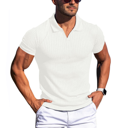 Men's Short-Sleeve Polo Shirt with Striped and Solid Design for Casual and Business Wear