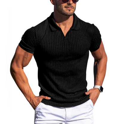Men's Short-Sleeve Polo Shirt with Striped and Solid Design for Casual and Business Wear