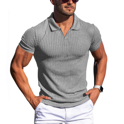 Men's Short-Sleeve Polo Shirt with Striped and Solid Design for Casual and Business Wear